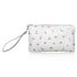 Zip wristlet with namaste yoga pattern on white background