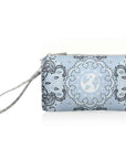 Zip Wristlet in Shimmer Light Blue Bandana Print on white background