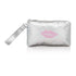 Silver wristlet with a pink lip print on a white background