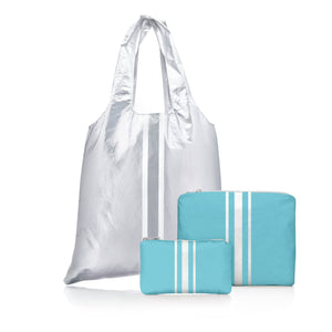 Set of Three Travel Packs - Everyday Tote Set in Silver and Capri Sea Blue