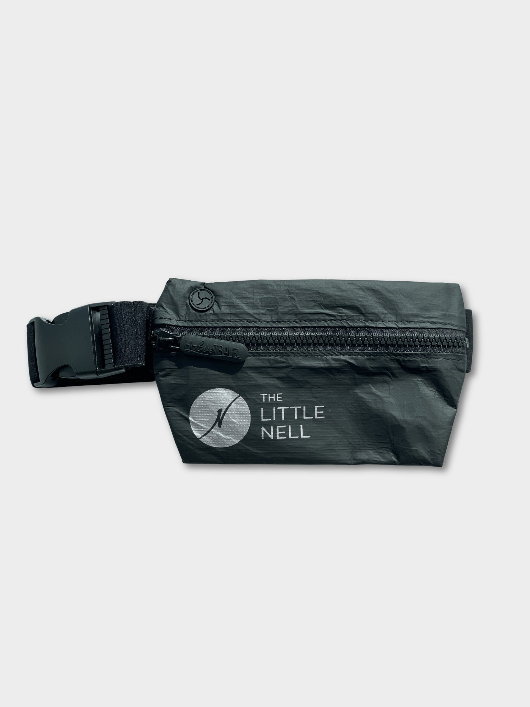 Black waist bag with 'The Little Nell' logo on a white background