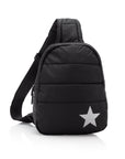 Puffer crossbody backpack in black with silver star
