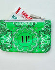 Green bandana-patterned pouch with a visible brand logo on a light gray background