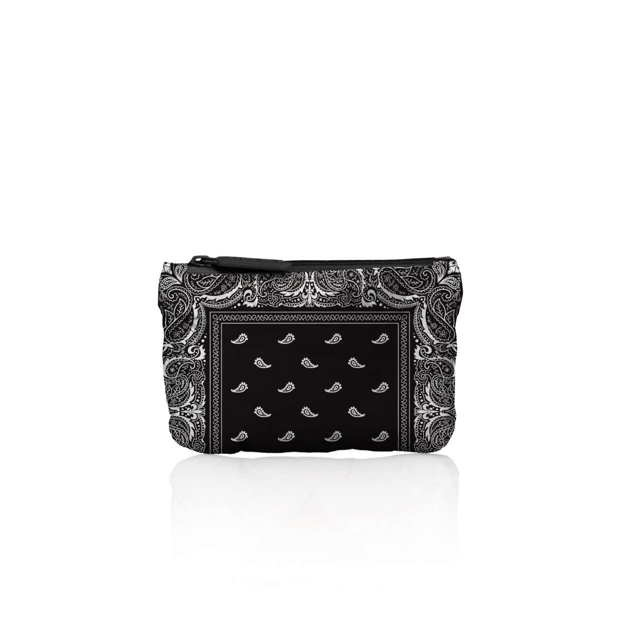 Black and white bandana patterned pouch on a white background