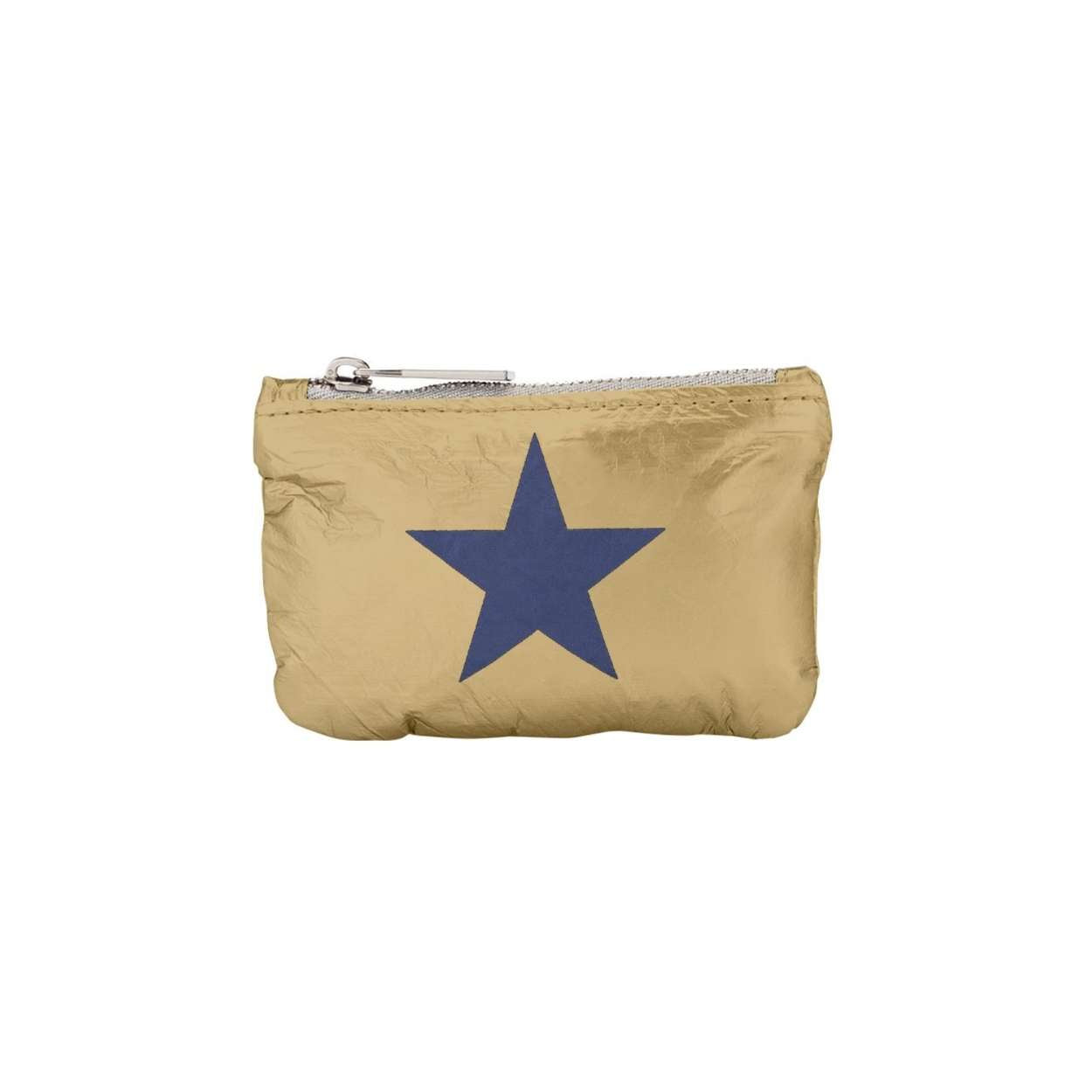 A small metallic gold zippered pouch featuring a large navy blue star on the front, set against a plain white background.