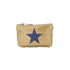 A small metallic gold zippered pouch featuring a large navy blue star on the front, set against a plain white background.