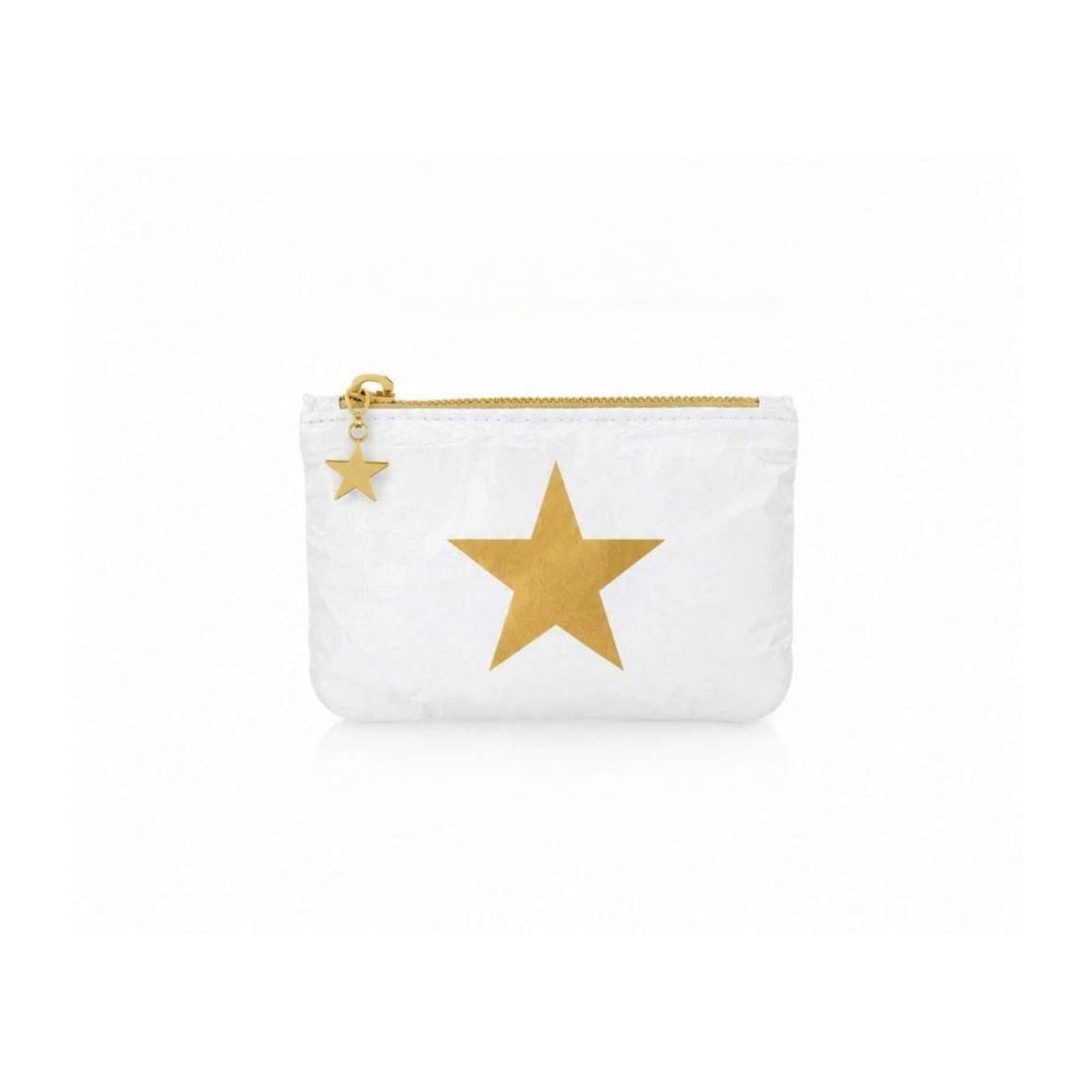 A small white zip pouch with a large gold star on the front, a gold zipper, and a small dangling gold star charm, shown on a plain white background.