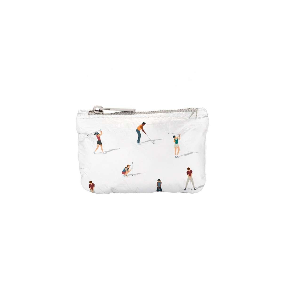 A white zippered pouch featuring a printed pattern of golfers in various poses, set against a plain white background.