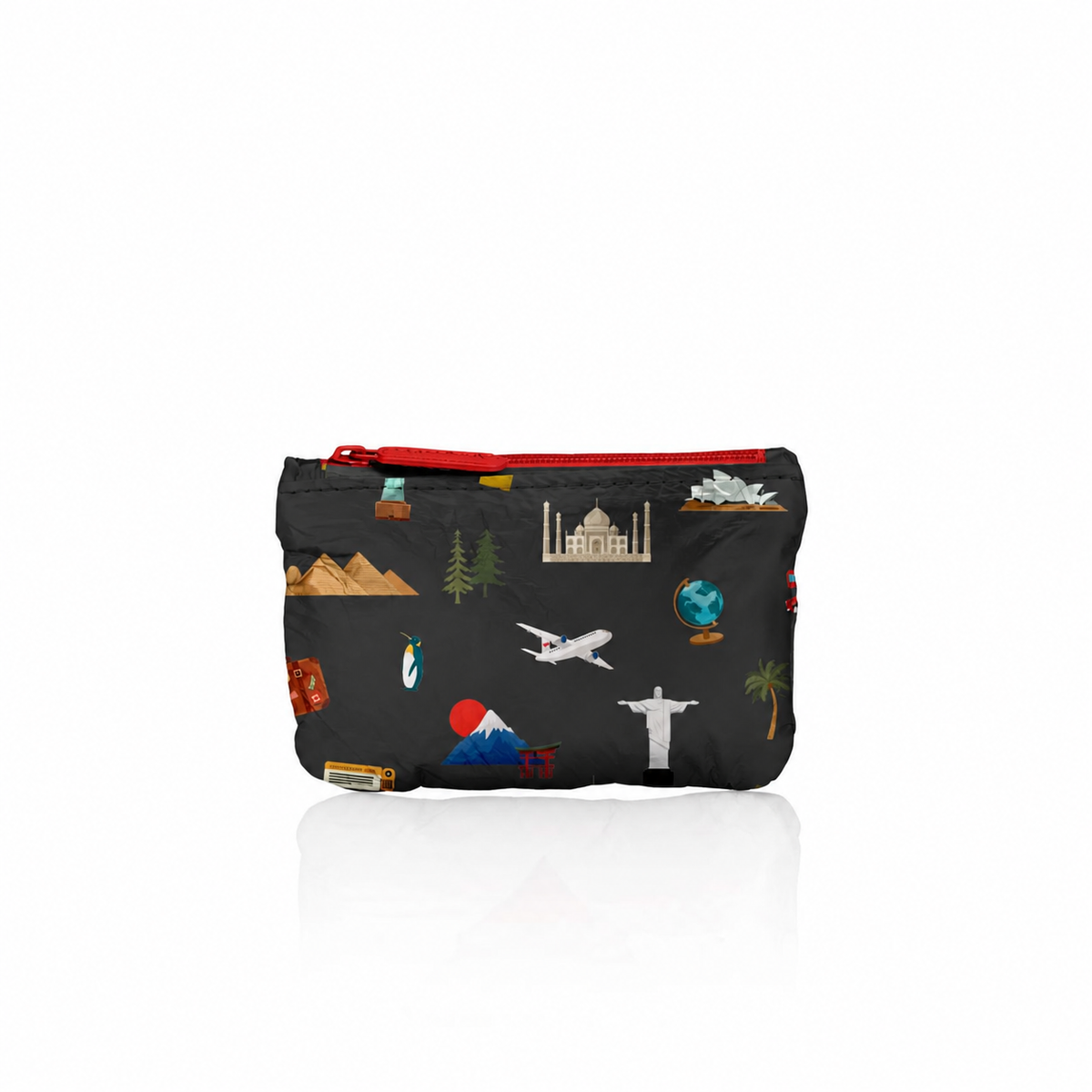 A black card pouch featuring colorful travel-inspired landmarks and illustrations, finished with a red zipper.