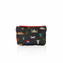 A black card pouch featuring colorful travel-inspired landmarks and illustrations, finished with a red zipper.