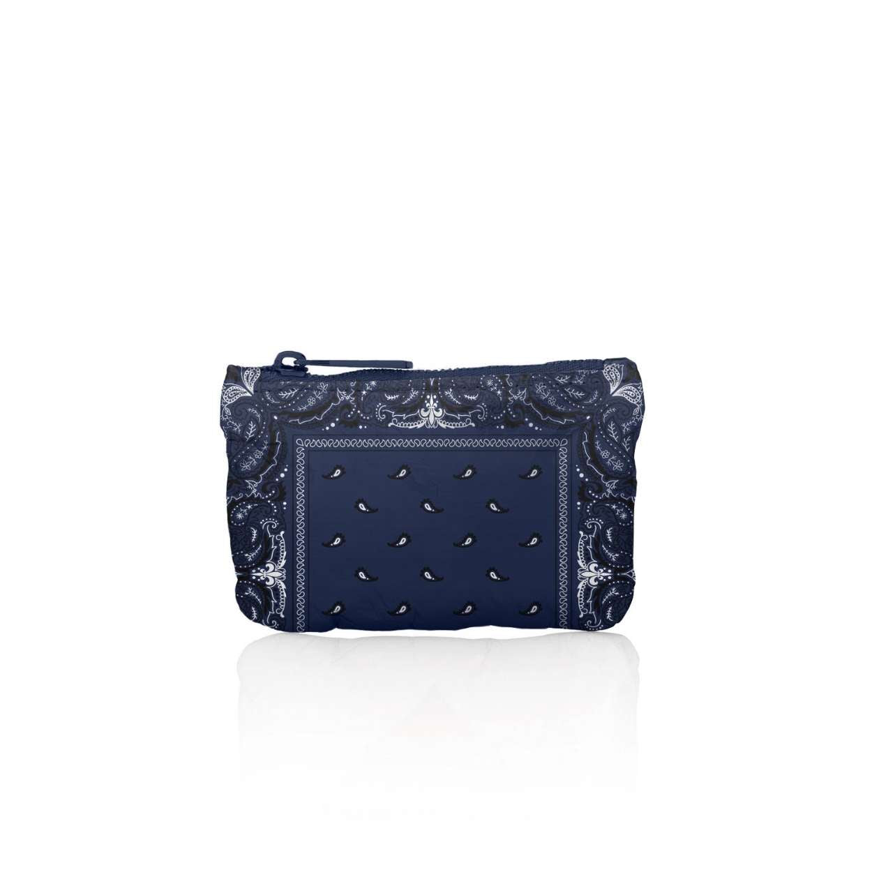 Card pouch in navy bandana print on a white background