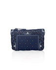 Card pouch in navy bandana print on a white background