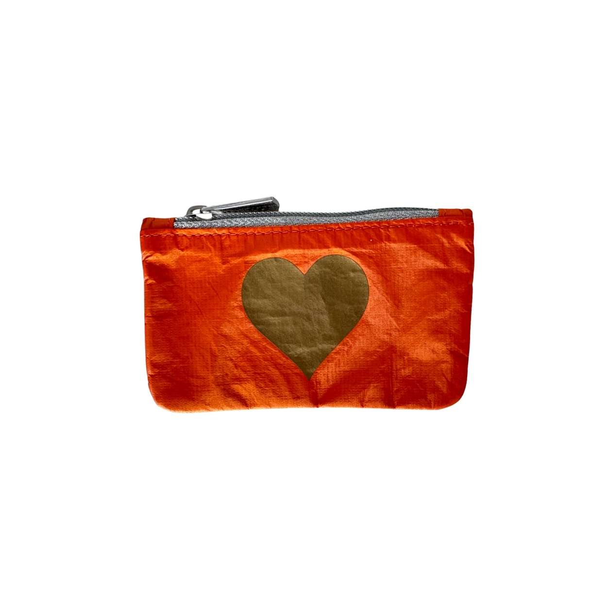 A small orange zippered pouch with a metallic gold heart design on the front, set against a plain white background.