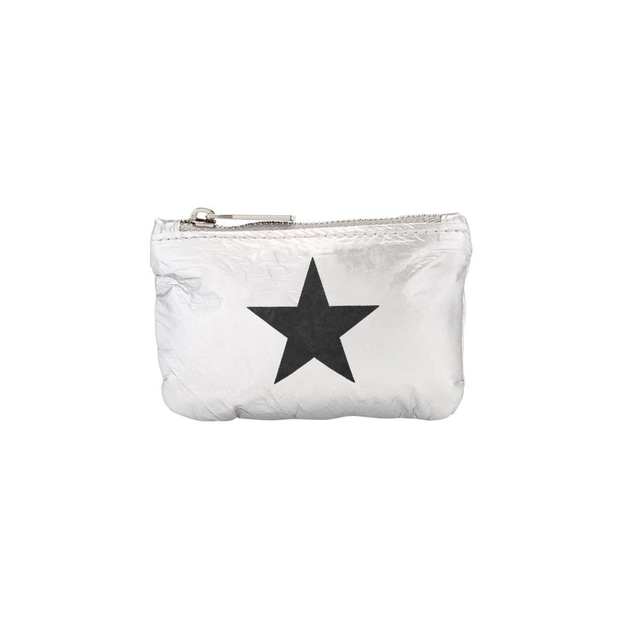 A small silver metallic zip pouch with a large black star printed on the front, set against a plain white background.