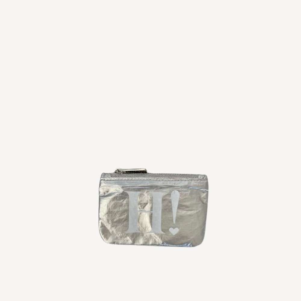 Silver pouch with 'Hi!' text and heart symbol on a white background