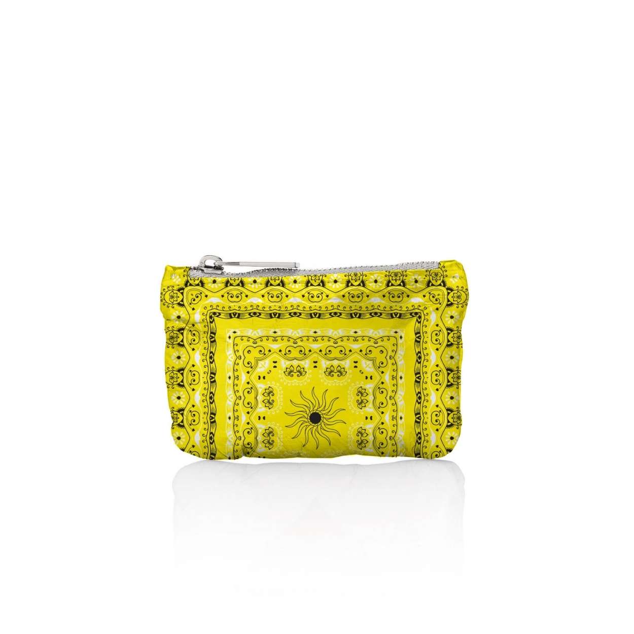 Yellow bandana patterned pouch on a white background