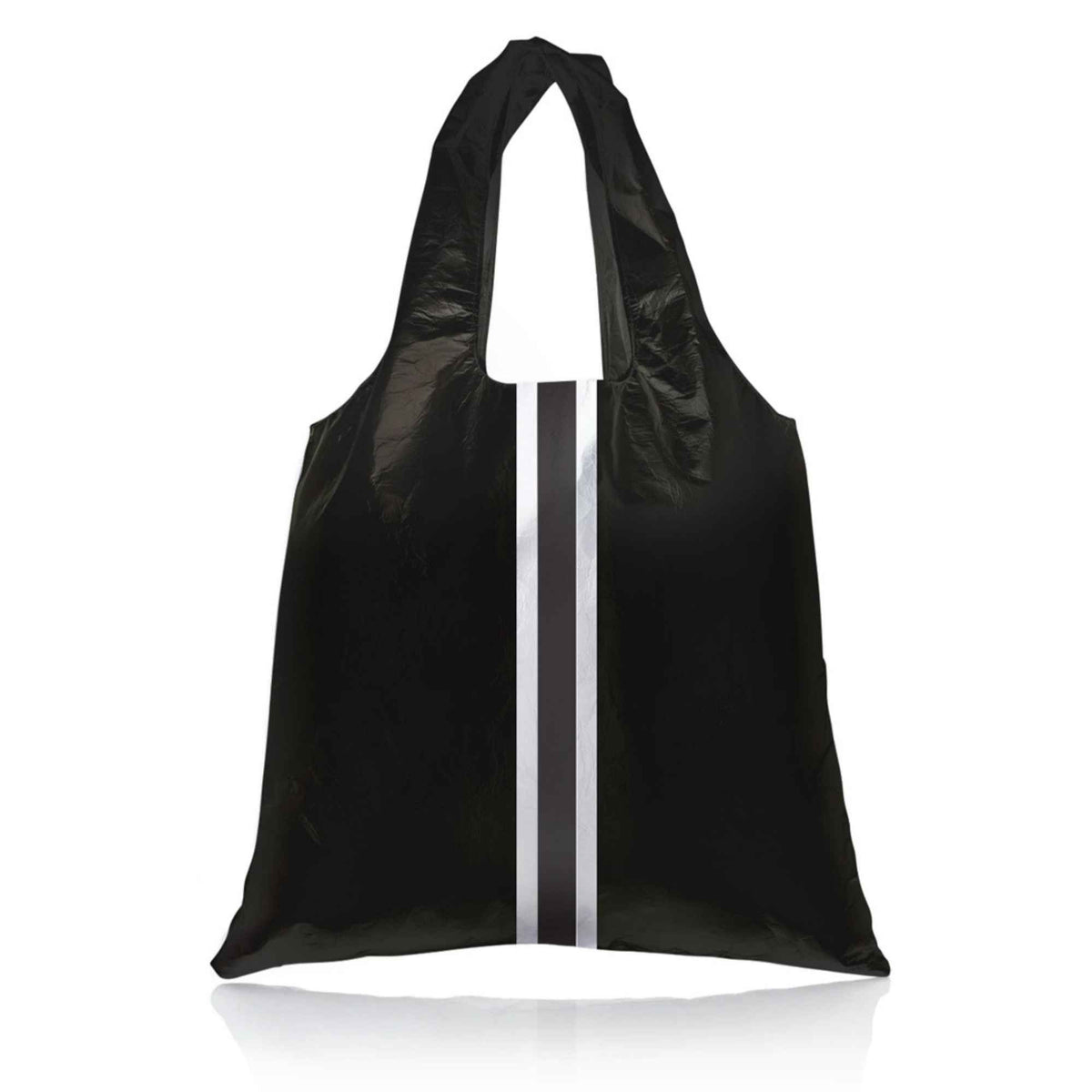 A black reusable tote bag with two long handles and a vertical white stripe flanked by thin silver stripes down the center, shown on a plain white background.
