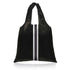 A black reusable tote bag with two long handles and a vertical white stripe flanked by thin silver stripes down the center, shown on a plain white background.