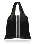 A black reusable tote bag with two long handles and a vertical white stripe flanked by thin silver stripes down the center, shown on a plain white background.