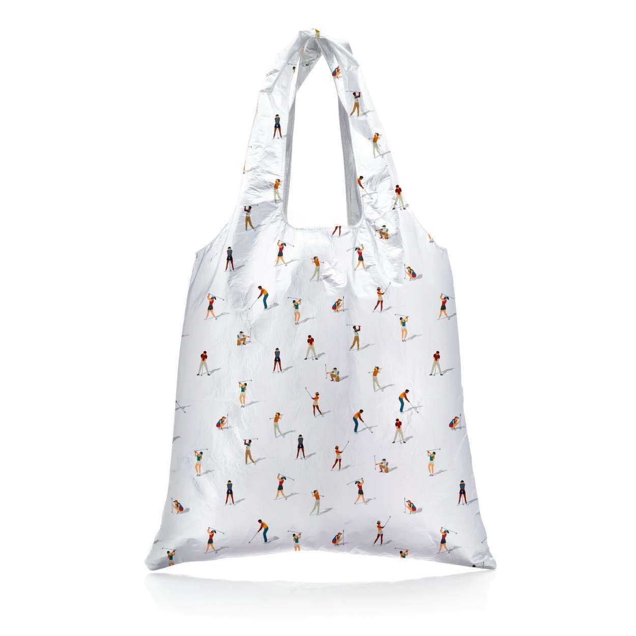White reusable bag with small printed golfers on a white background