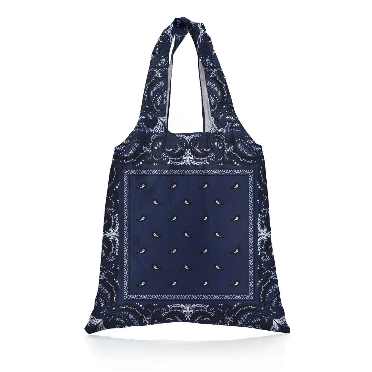 Carryall tote bag in navy bandana print on a white background