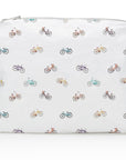 Medium zipper pouch in white with colorful bicycles pattern