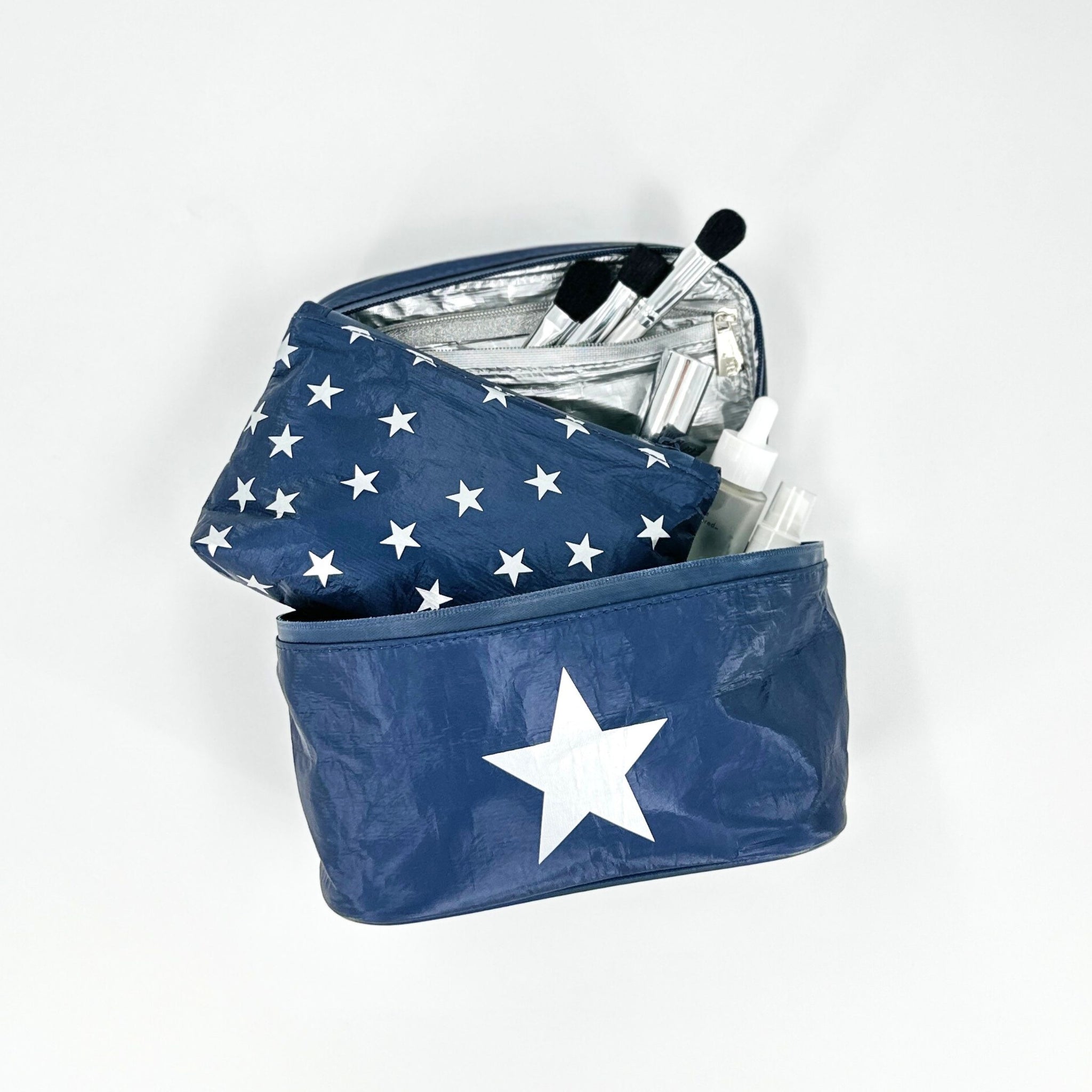 "Reach for the Stars" - Set of Two Cosmetic Case with Mini Pouch in Shimmer Navy with silver Stars