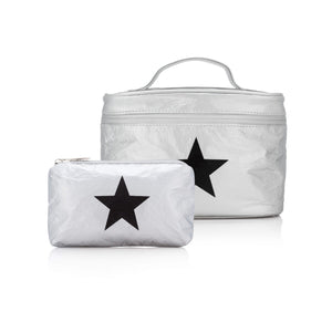 "Reach for the Stars" - Set of Two Cosmetic Case with Mini Pouch in Silver with Black Star