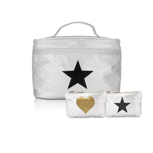 Set of Three - Overnight Cosmetic Set in Silver with Black Star and Gold Heart