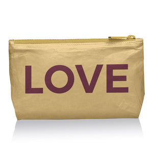 Gold cosmetic pouch with zipper and cabernet "LOVE"