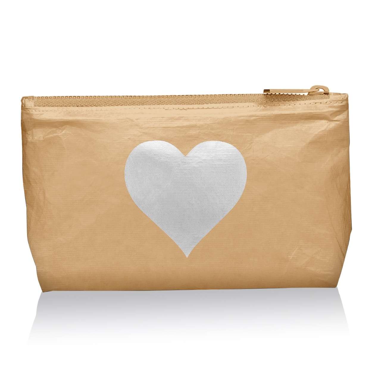 Cosmetic Zipper Pouch Gold with Silver Heart on white background