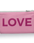 Cosmetic zipper pouch in light pink with dark pink LOVE design on white background