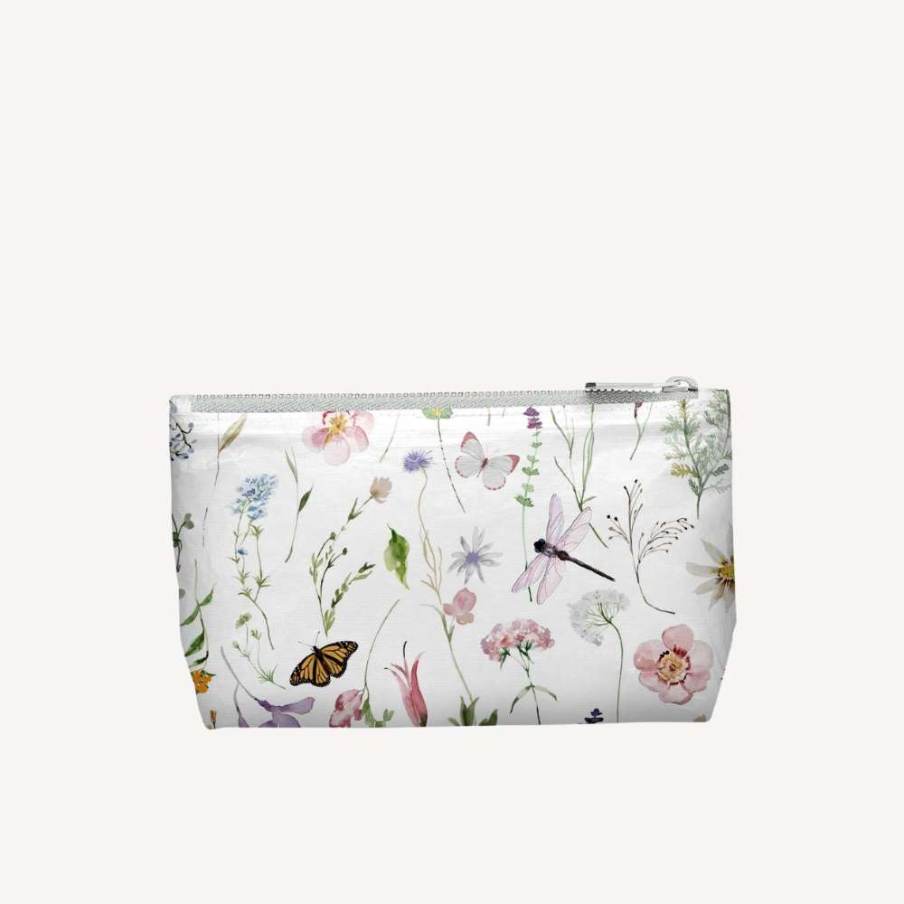 Pouch with floral and butterfly design on a white background