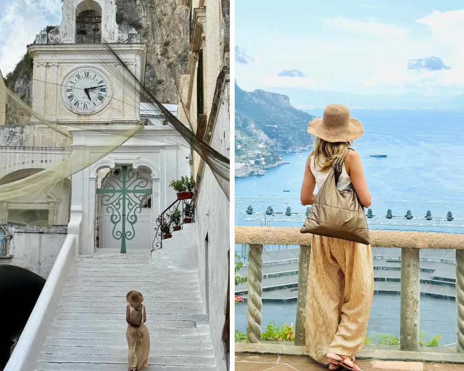 Woman in a hat overlooking a scenic view in Atrani Italy with a bronze love me knot tote and bronze backpack