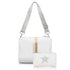 White shimmer crossbody purse with adjustable strap and matching mini zip pouch with silver star, shown together against white background.