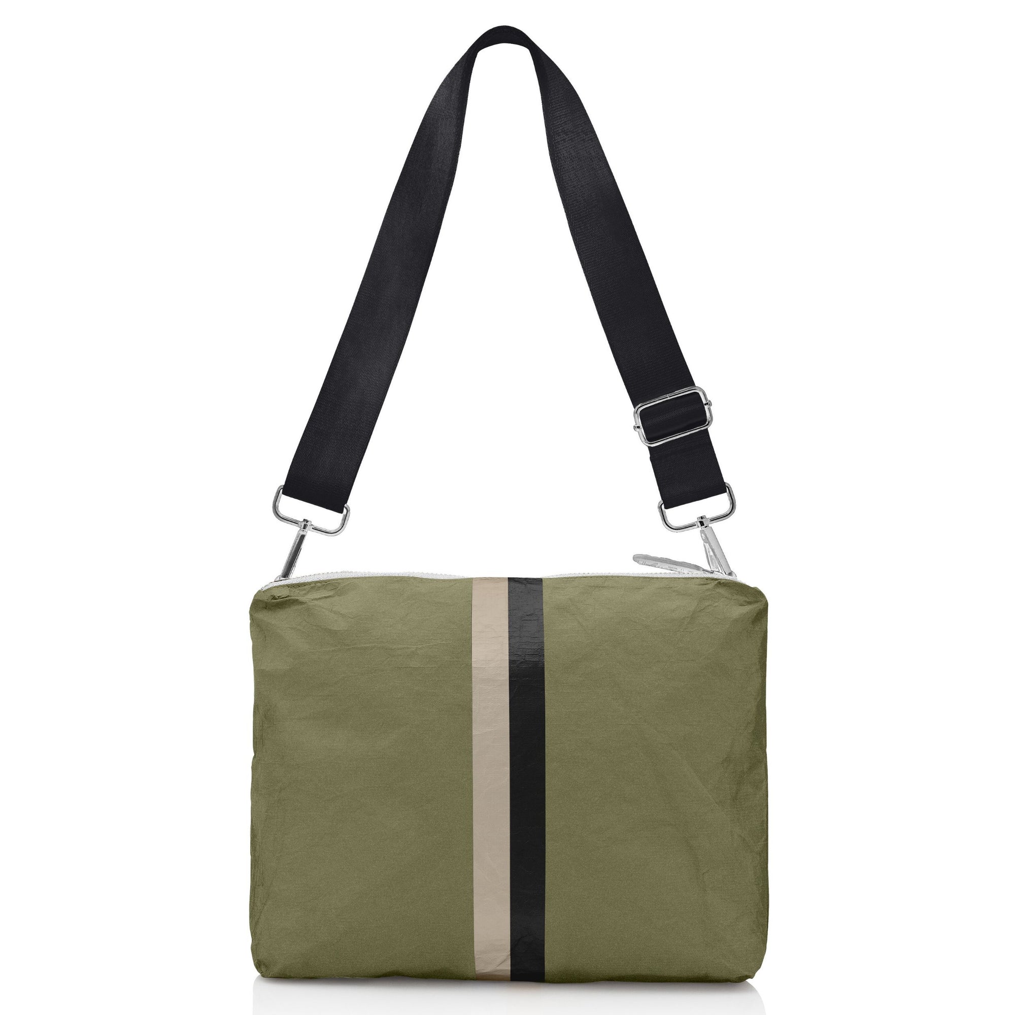 Crossbody purse in shimmer olive green with beige and black stripe