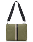 Crossbody purse in shimmer olive green with beige and black stripe