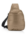 Shimmer bronze puffer crossbody backpack with black strap