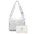 Everyday Purse Essentials Two Pack in Silver and Shimmer White, showing a silver crossbody bag with a striped strap paired with a smaller shimmer white pouch featuring a star design
