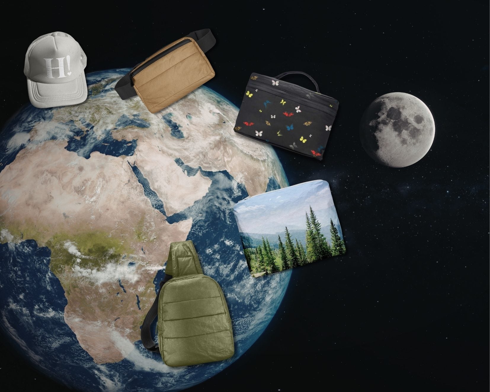 Collection of travel accessories on a world map with Earth and moon in the background