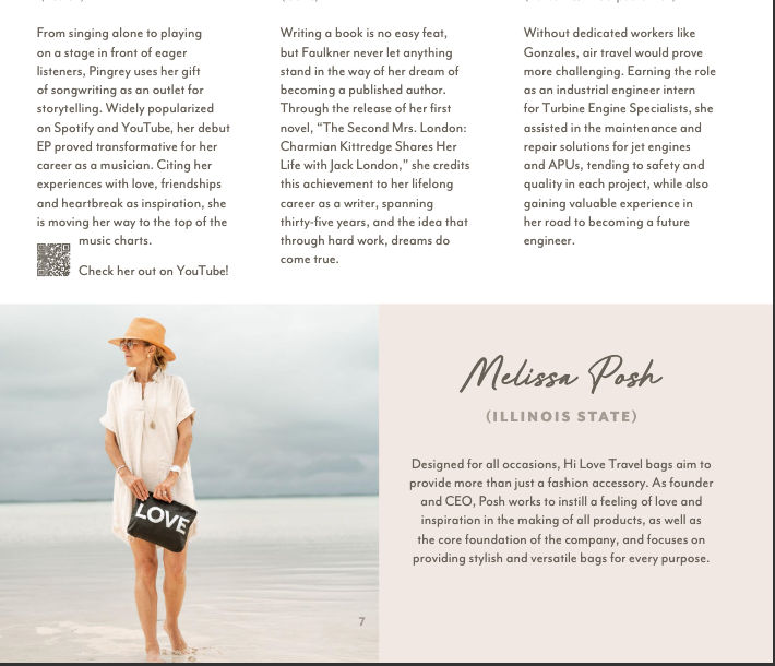 A printed page with two paragraphs of text on the left and a portrait photo of a woman labeled Melissa Posh on the right, likely a book or magazine interior page with a feature about Hi Love Travel brand in Gamma Phi magazine.
