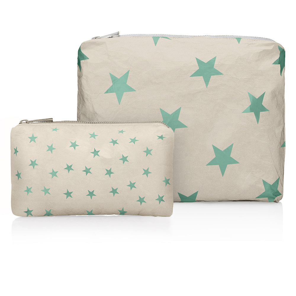 Zipper pouch set in golden shimmer beige with turquoise stars