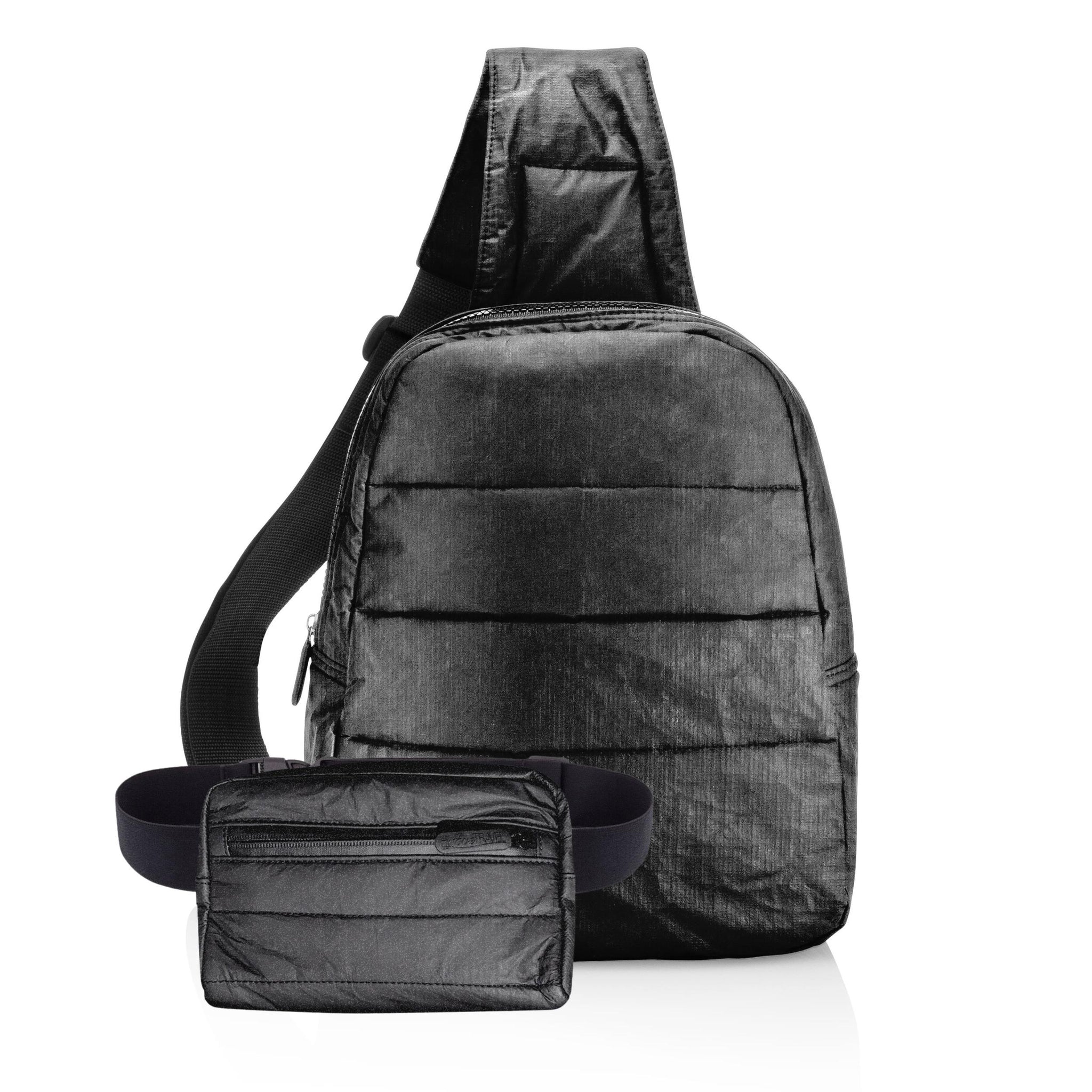 Puffer crossbody backpack and puffer fanny pack in shimmer black