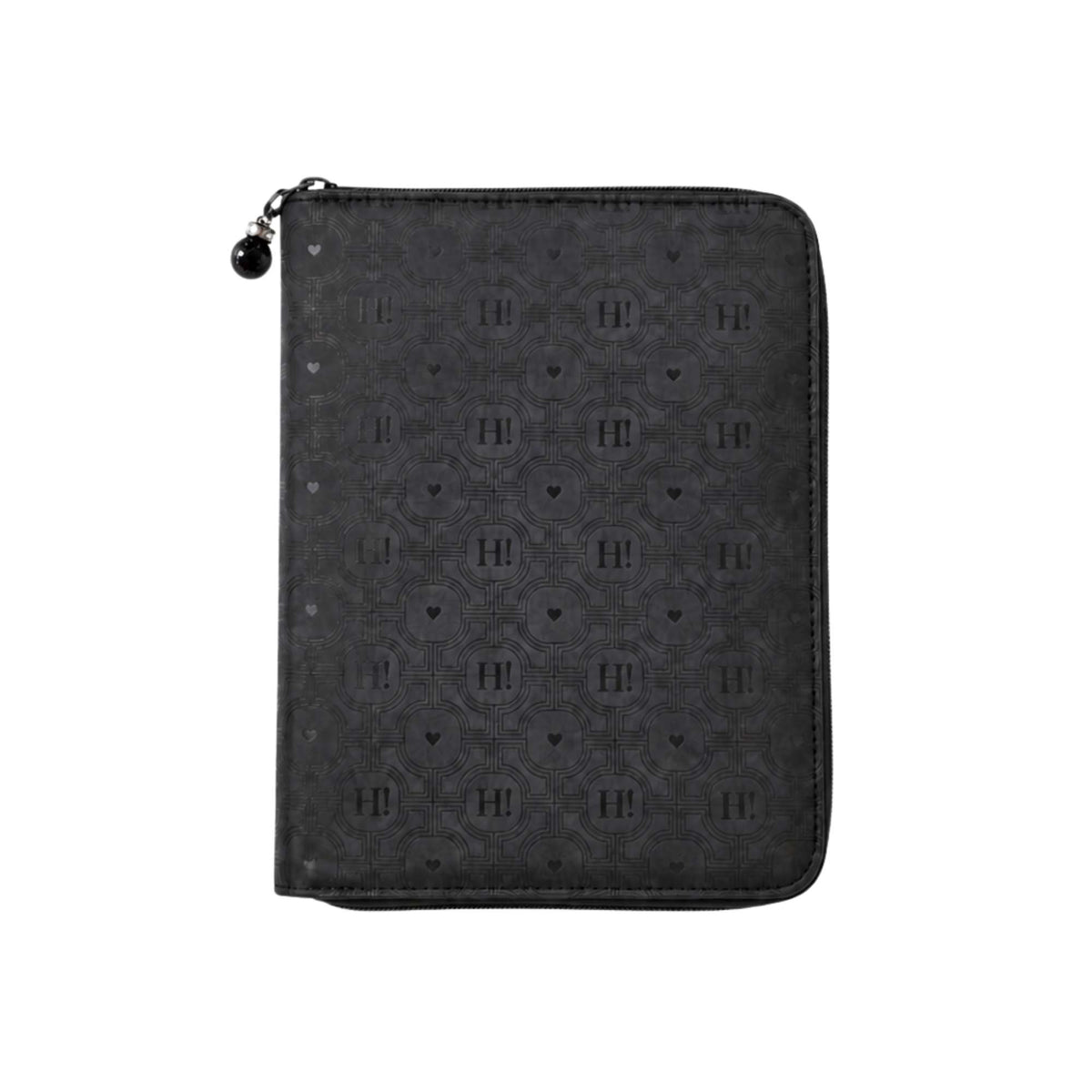 A black zippered jewelry case featuring an embossed geometric pattern of hearts and letters, with a black pearl zipper puller