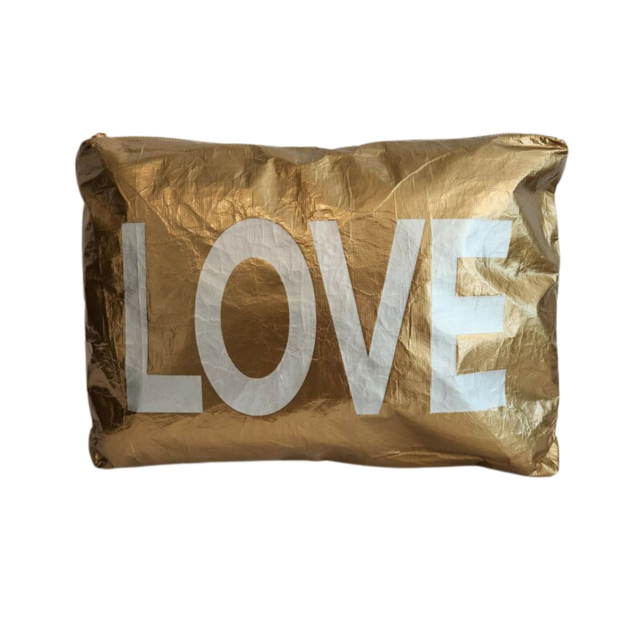 Gold cosmetic and toiletry bag with the word 'LOVE' printed on pouch on white background