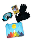 Rainbow mountain zipper pouch with gloves and ski goggles coming out of pouch