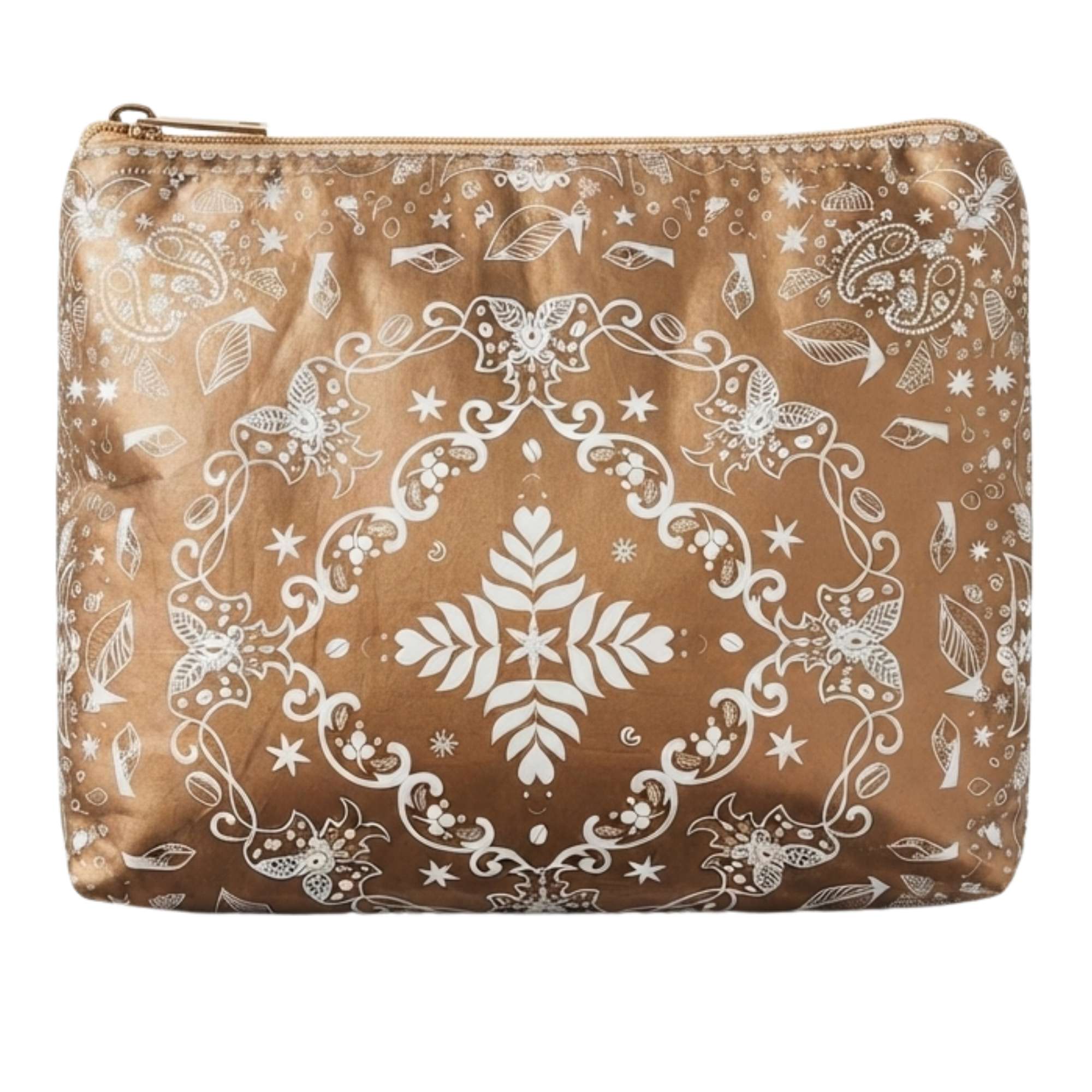 A metallic bronze zippered pouch in medium size featuring a bandana print shown against a plain white background.