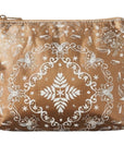 A metallic bronze zippered pouch in medium size featuring a bandana print shown against a plain white background.