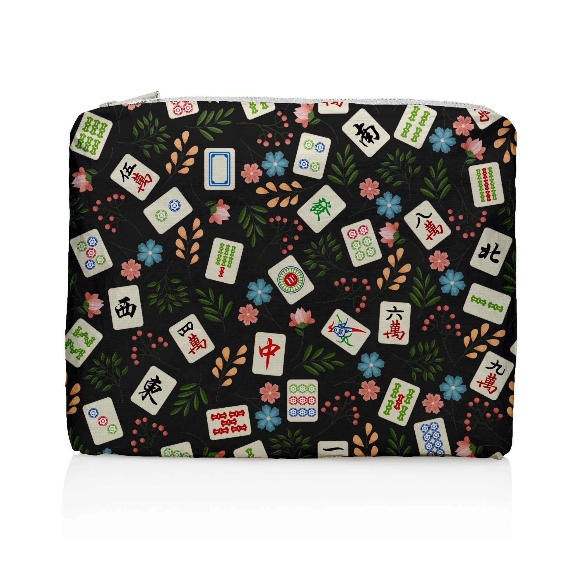medium zip pouch in black mahjong pattern on white background