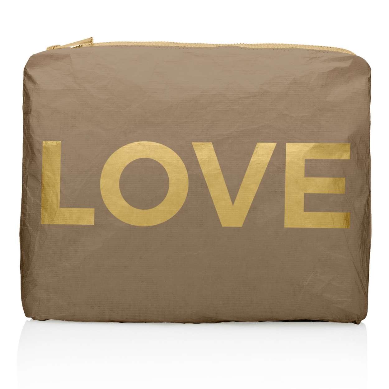 Medium zip pouch in shimmer bronze with gold LOVE on white background